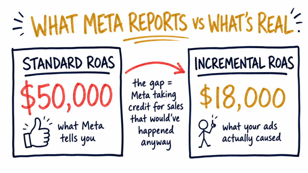 diagram comparing Meta's inflated standard ROAS against true incremental ROAS that shows real ad-driven sales