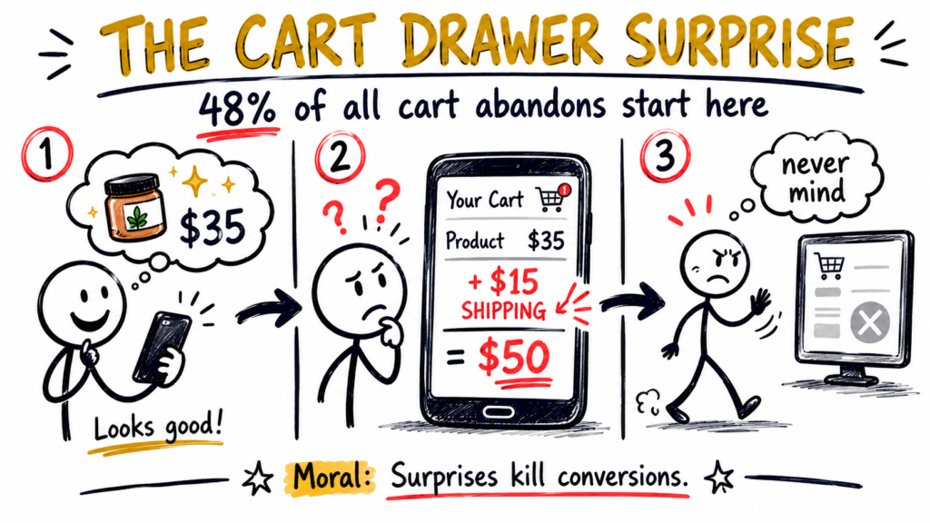 comic showing a customer abandoning their cart when hidden $15 shipping is revealed at checkout