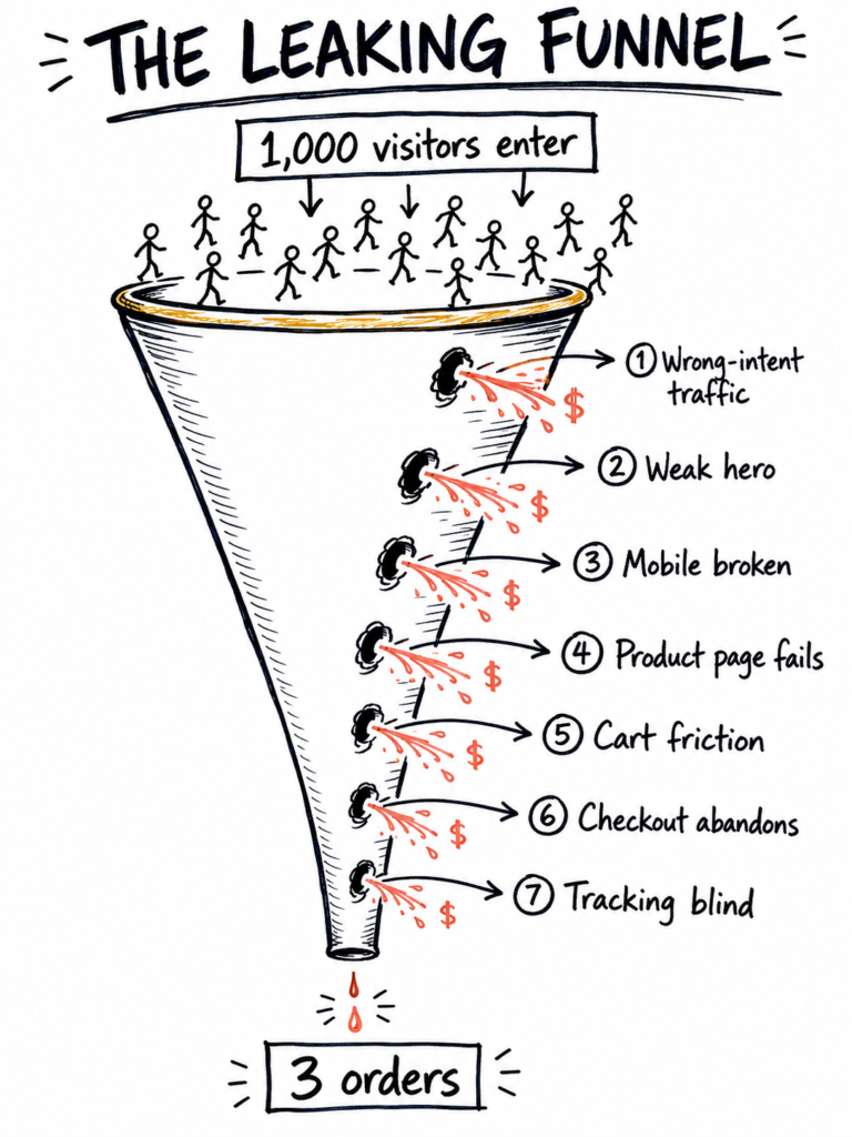 diagram showing where a Shopify store not converting loses 1,000 visitors at seven leak points