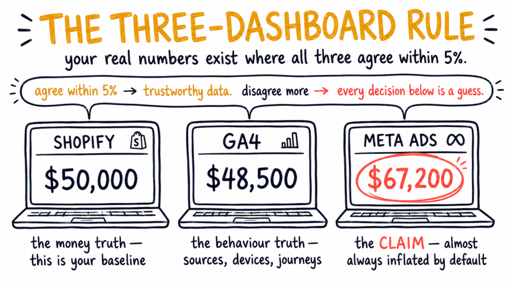 Hand-drawn Three-Dashboard Rule diagram showing how to tell if your Shopify analytics aren't tracking properly