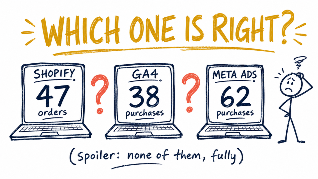 sketch showing Shopify, GA4 and Meta Ads Manager reporting three different order counts for the same period
(120 chars)